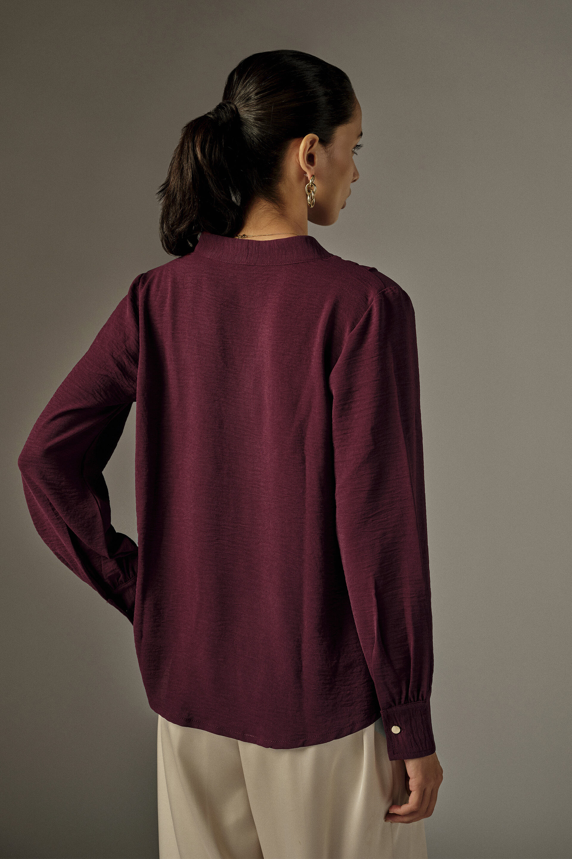 V Neckline Full Sleeves Top in Wine, Wine, image 5